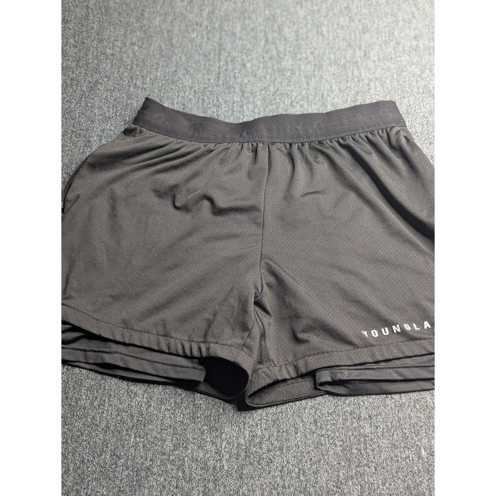 YoungLA Mens Black 2-in-1 Gym Training Shorts Size S Mesh Compression Liner